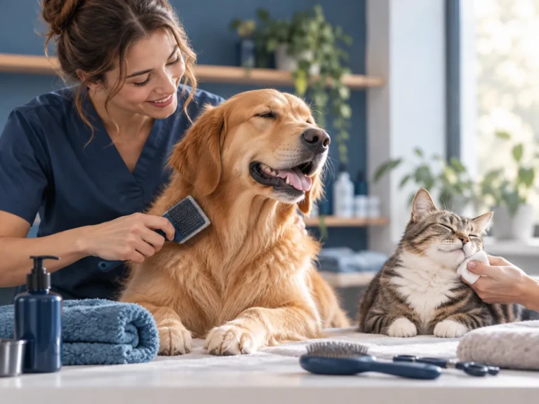 Dierenschuur toont een rustige verzorgingsroutine voor hond en kat met aandacht voor vacht en hygiëne.