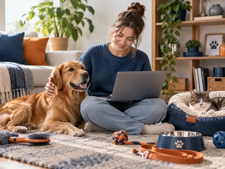 Faq van Dierenschuur met een warme illustratie van een vrouw met een hond en kat in een huiselijke omgeving rond huisdieren en dierenverzorging.